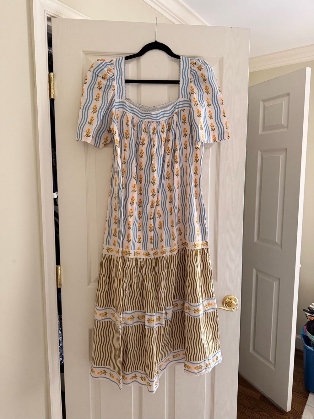 Printfresh Blue, White & Yellow Striped Floral Midi Dress